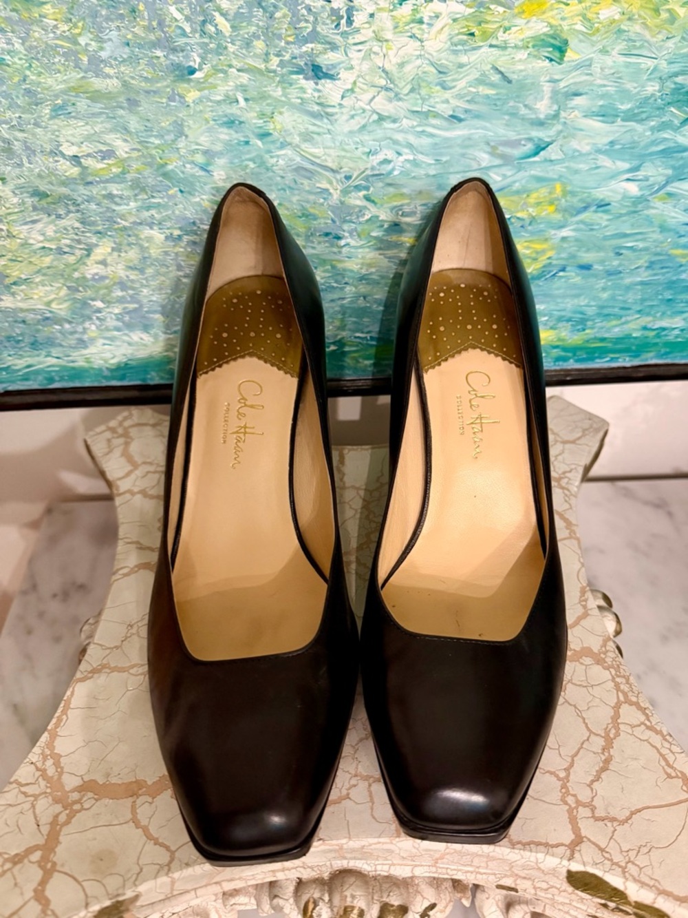 Cole Haan Black Leather Square-Toe Pumps